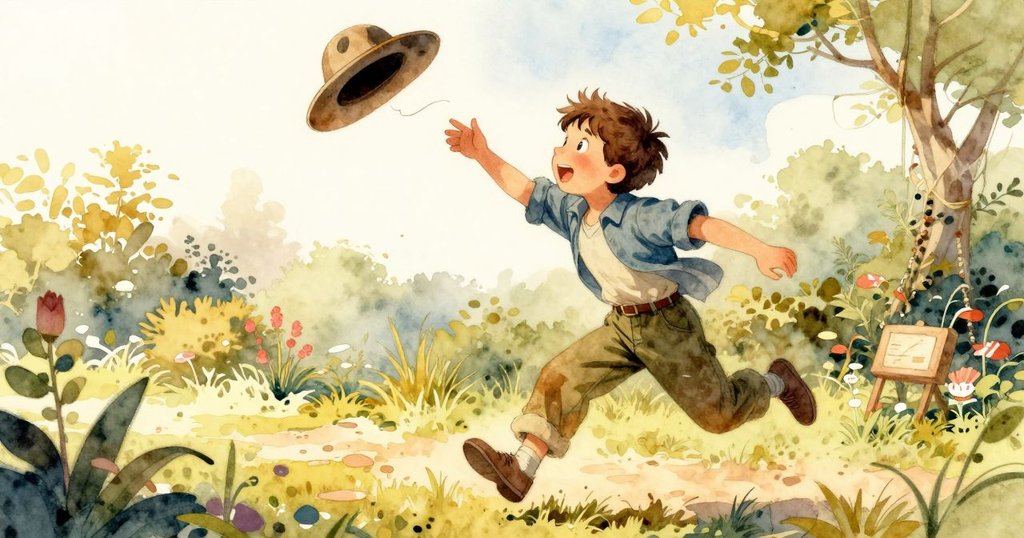 山姆迅速伸臂追趕飛揚的藍帽，動態場面中他利用散落線條抓住機會，充滿活力與驚喜。