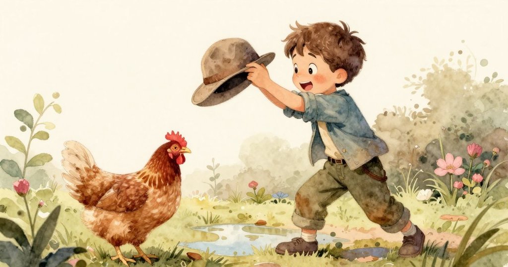 山姆輕柔地從鄰居母雞身上拾起藍帽，再安穩放置於平靜水面上，晨光閃耀中演繹溫馨告別。