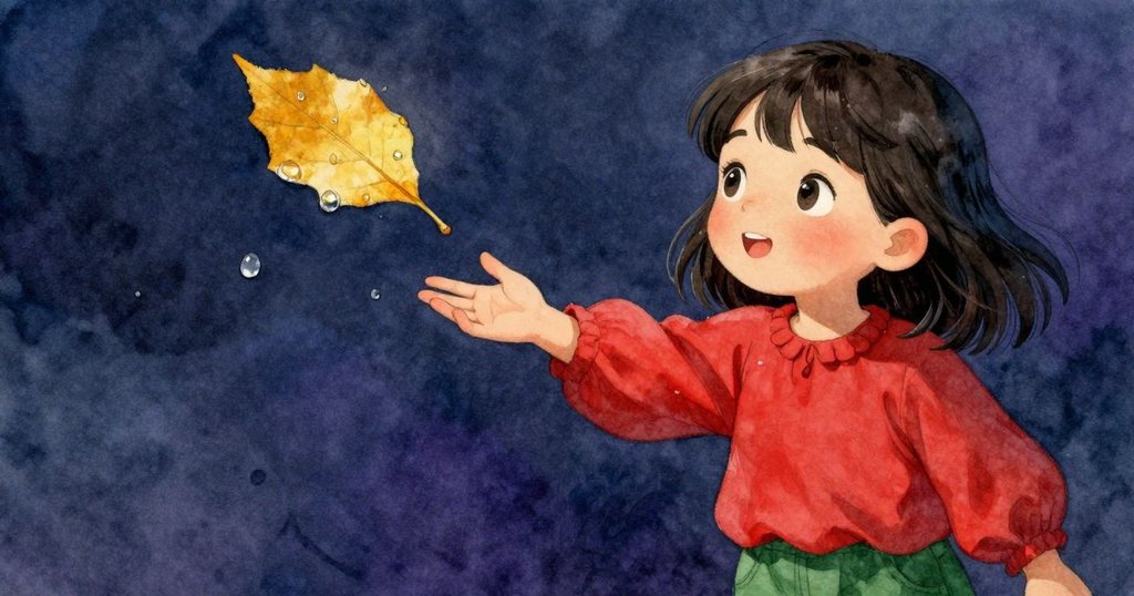 小女孩伸出手輕觸飄浮的黃葉,水滴閃爍映出自然美感,象徵希望與探索。
