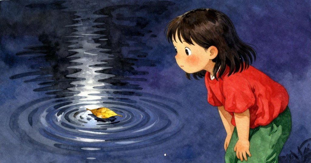 小女孩凝視水中倒影,黃葉隨波逐流,水面泛起微光,展現靜謐時刻。