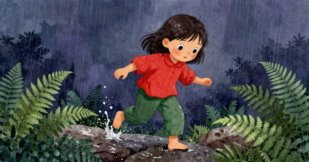 小女孩在蕨類間小心踏步,雨滴輕拍濕滑岩石,展現勇氣與韌性。