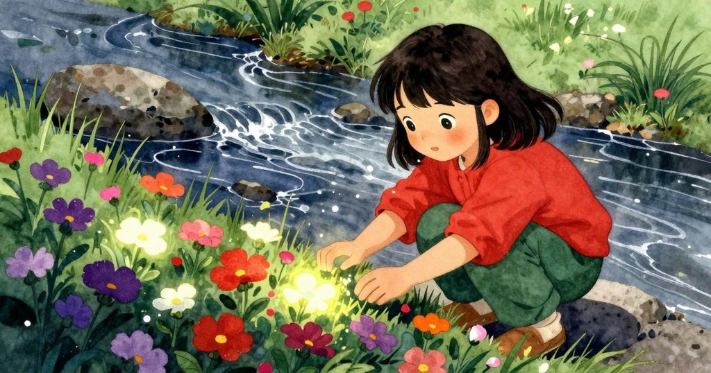小女孩於溪邊發現明亮花叢,花瓣映出溫暖光彩,探索心情洋溢驚喜。