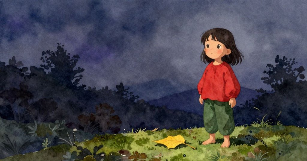 小女孩靜立青苔旁休憩,黃葉安然靜臥於自然中,畫面寧靜而溫馨。