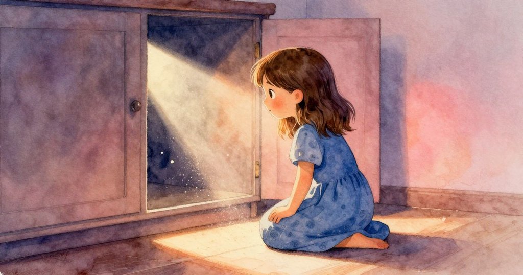 納迪婭蹲在櫥櫃縫隙前仔細探查，細光中塵粒飛舞，室內氣氛寧靜神秘，充滿探索的好奇感。