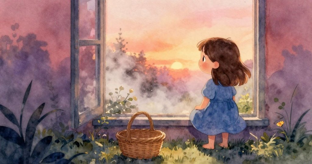 納迪婭站在覆霧窗前凝視外景，窗外籮筐閃耀金光，草坪輪廓柔和朦朧，充滿夢幻般的家中情境。