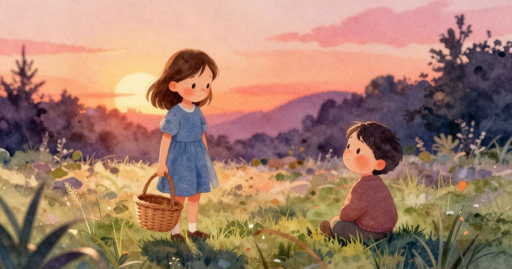 從高處觀察陽光普照的庭院，籮筐安置於綠草中邊緣閃爍金光，環境柔和夢幻，充滿寧靜韻味。