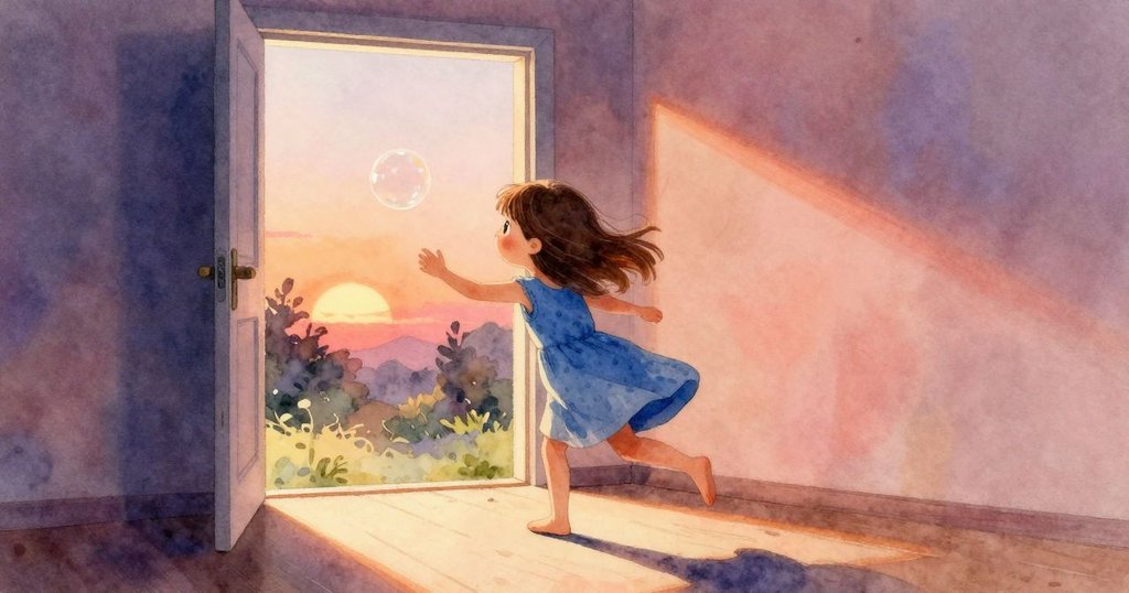 納迪婭追逐輕盈皂泡，沿著明亮走廊前進，臉上流露驚奇與堅定，環境溫暖充滿動感。