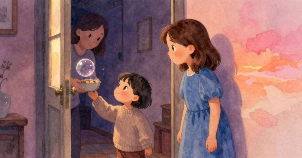 納迪婭在走廊注視飄移皂泡穿門而過，一位大人微笑著遞出碗，寧靜音樂映襯溫馨互動瞬間。