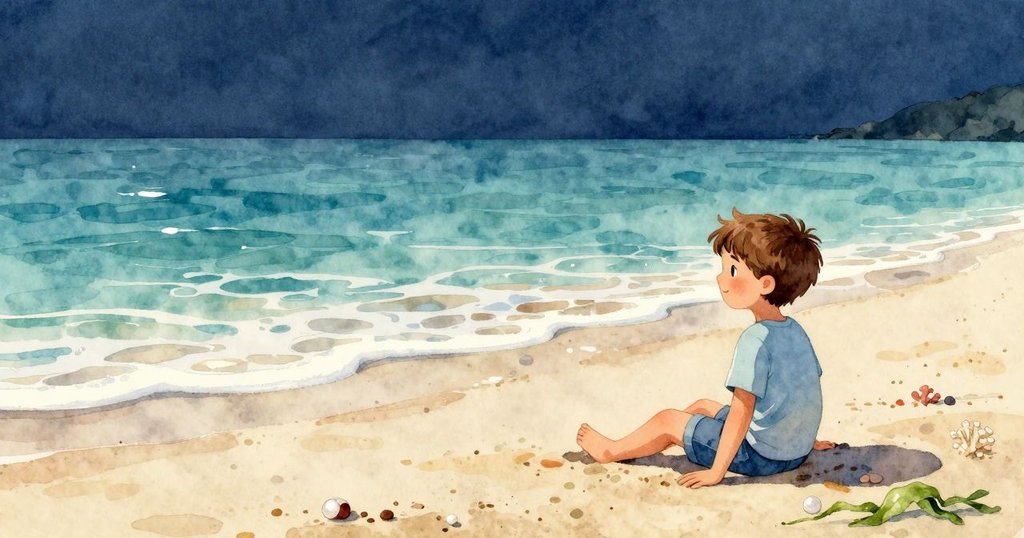 Darby坐在沙灘上享受早晨陽光,沙粒跳動與泡沫輕柔點綴,展現寧靜自然氛圍