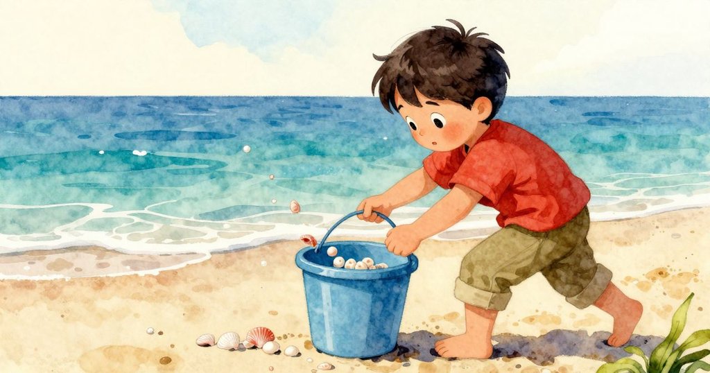 另一個孩子操作明亮水桶,邊緣滑落貝殼,在溫暖晨光中展現沙灘生動情景