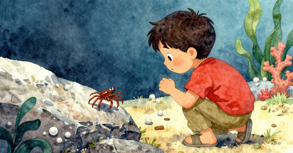 從背後視角看見孩子蹲在岩石邊,專注觀看小螃蟹橫跳,晨光映襯生動自然風景