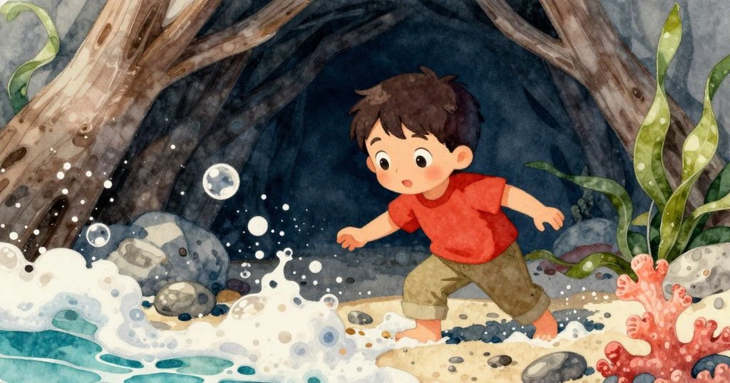 孩子在隱蔽沙灘角落探索,漂流木投下柔和陰影,泡沫與鵝卵石相映,細膩晨光營造神秘氛圍