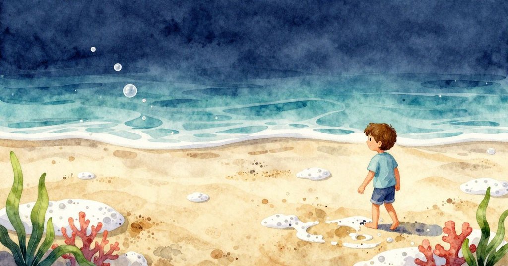 廣闊海灘變成生動遊樂場,Darby靜觀沙粒跳動與泡沫漂流,遠處海鷗鳴唱傳遞晨光奇跡