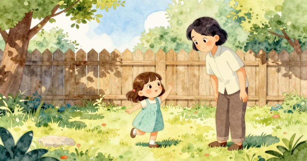 Thea 與大人站在木柵欄旁，院子裡有小雞與兔子遊走，陽光明媚，場景生動溫馨。