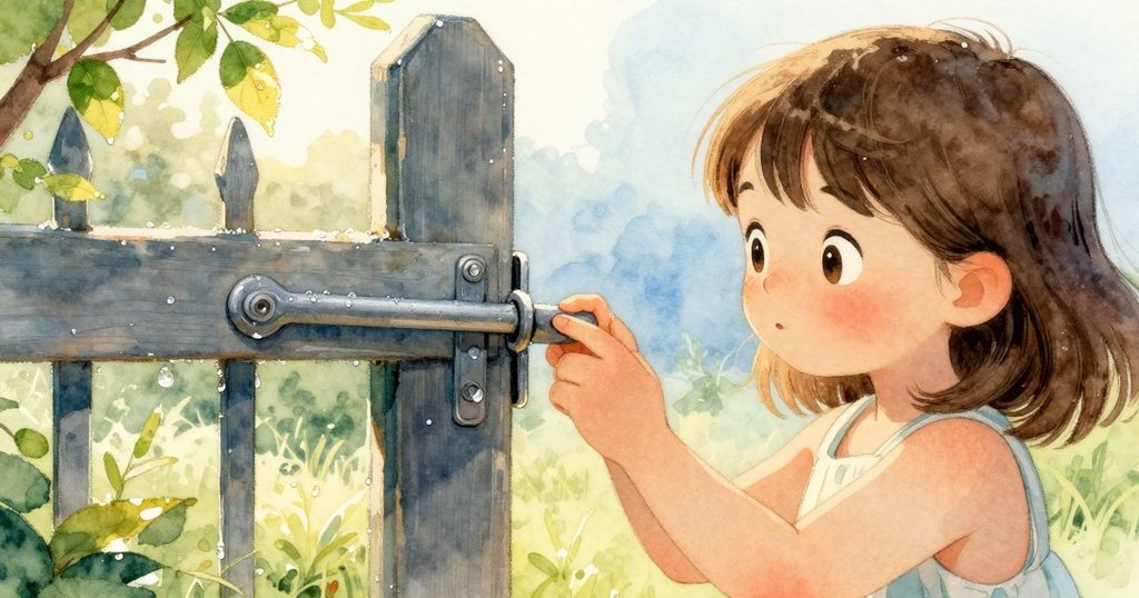 Thea彎身從柵欄縫隙裡仔細觀察，露水在門閂上閃爍，充滿好奇與期待感。