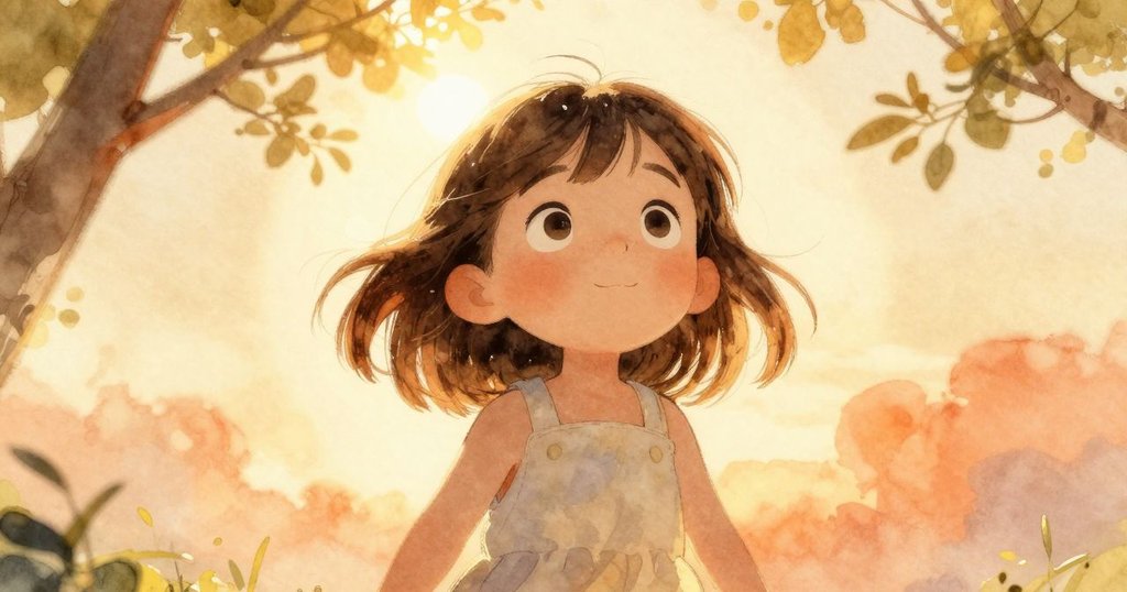 低角度呈現Thea仰望垂枝，她輕聲細語，透過縫隙中隱現的稻草窩，充滿驚奇。