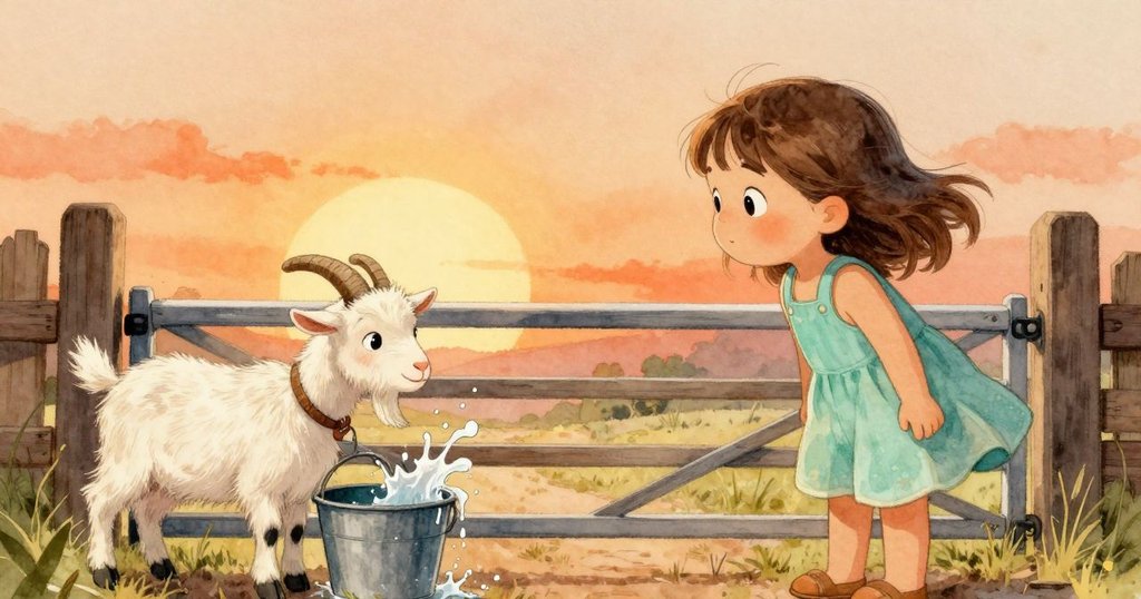 在門前，Thea凝神思索，注視山羊幼崽碰觸水桶，場景充滿選擇的瞬間與期待。