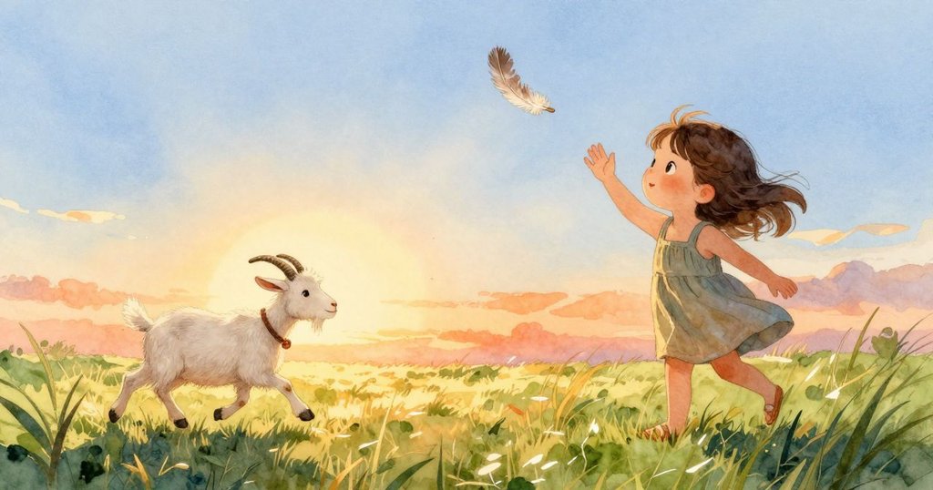 最後場景呈現羽毛在光亮天幕中飄舞，Thea靜靜揮手告別，小山羊奔向田野。