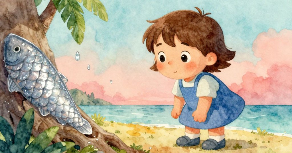 近拍樹根上發光的小鱗片,水珠閃爍映出光澤,Oona 的發現帶來神秘感,環境充滿細膩質感。