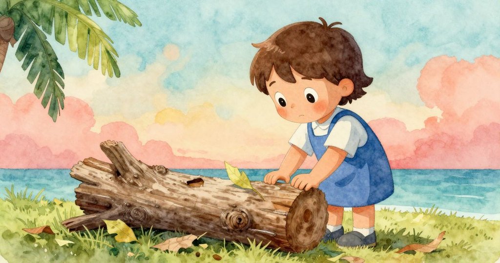 Oona 靠近一塊刻滿痕跡的倒木,觀察濕潤樹皮和壓扁落葉,森林中透露神秘自然氣息。