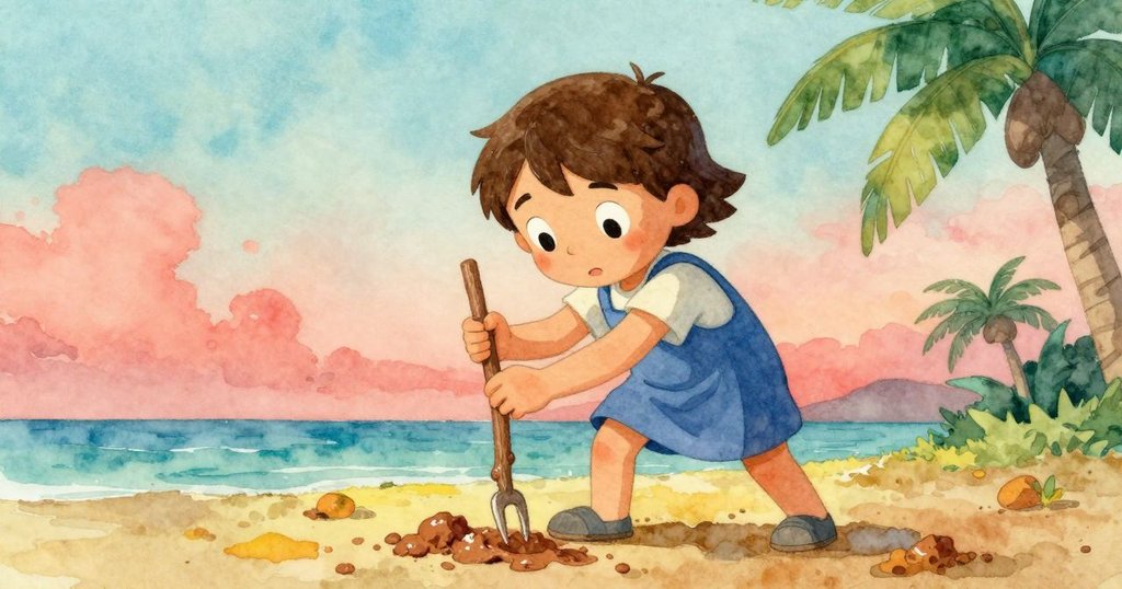 Oona 在濕潤黏土上失足瞬間,用分叉棍穩住身形,臉上展現專注與緊張,環境充滿濕潤光澤。