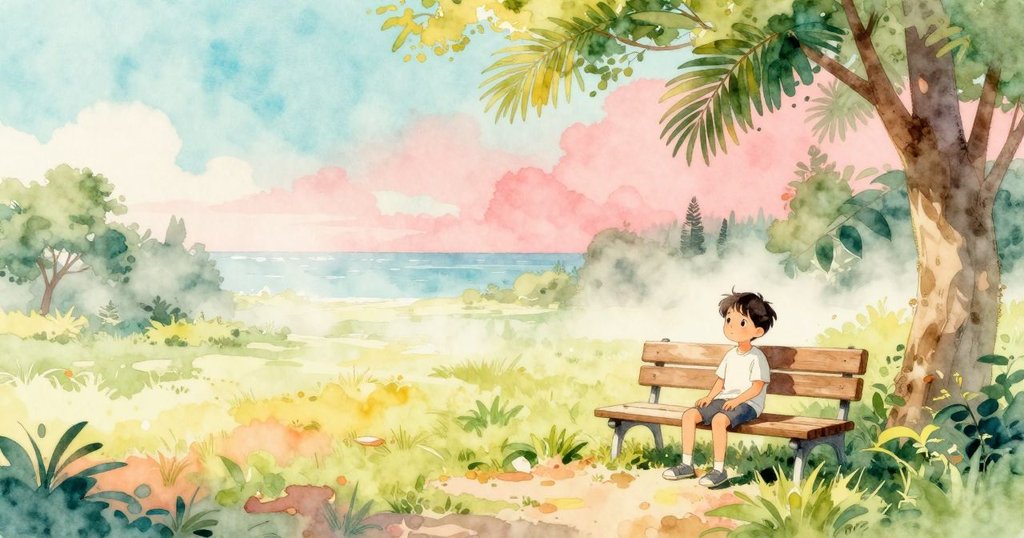 敘述者坐在公園木製長椅上，周圍薄霧籠罩，鞋旁有潔白羽毛，陽光溫暖，氣氛平和祥寧