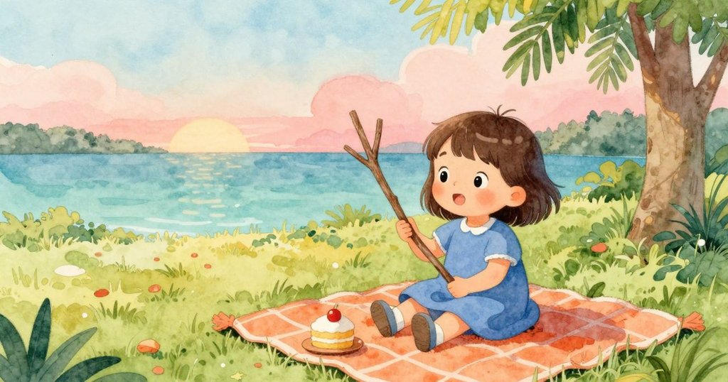 孩子在公園中，用長樹枝輕觸隨風飄動的橙色毛毯上放著的小蛋糕，神情充滿好奇與活力