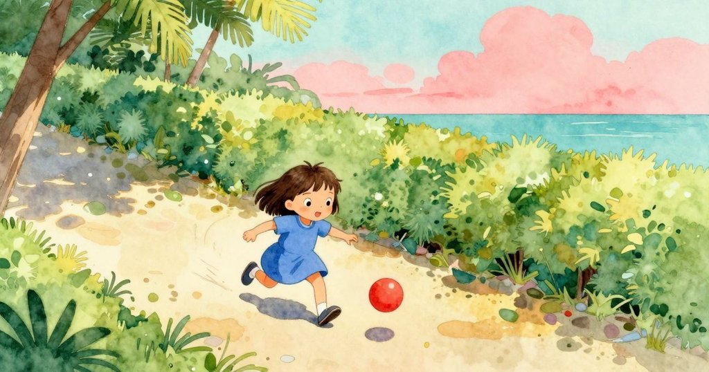 從高角度看見孩子在樹籬邊玩耍，追逐滾動的紅球，充滿歡笑與生氣，陽光灑下令人愉悅