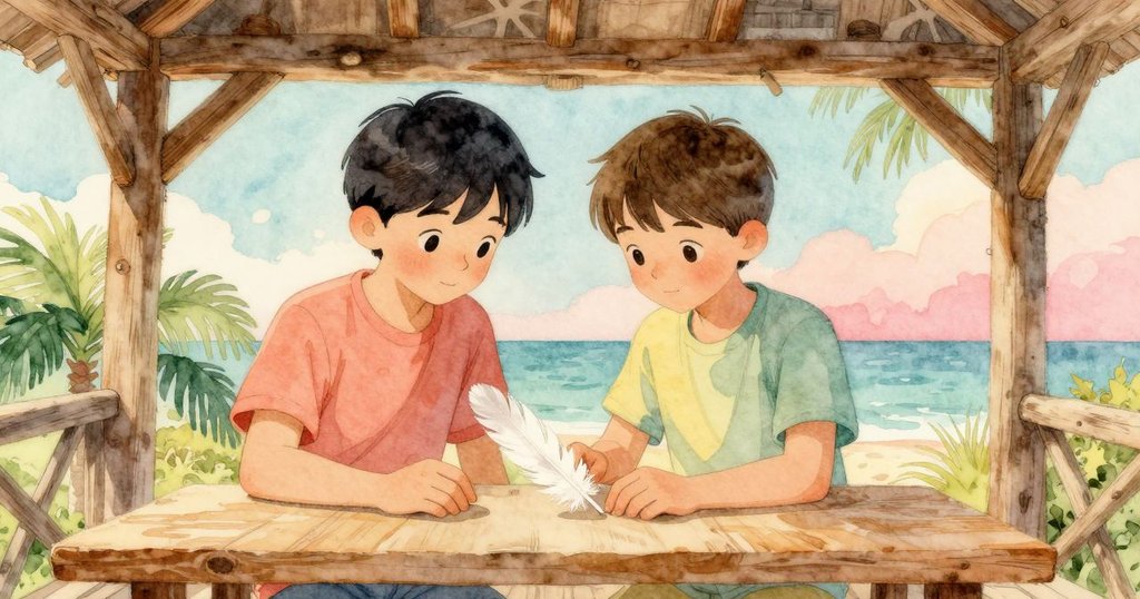 敘述者走進鄰近長椅的小木棚，仔細觀察桌上擺放的白色羽毛與簡單畫材，室內光線溫馨而柔和