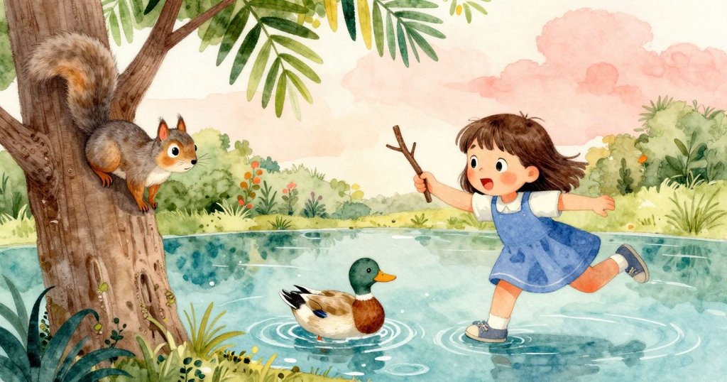 灰色松鼠爬上粗糙樹幹，水塘中鴨子拍水造浪，孩子手持樹枝處於微妙緊張而生動的遊戲時刻