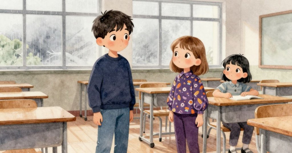 學生在寧靜教室內輕觸涼爽木桌，窗外雨景模糊，神情專注展現探索開始