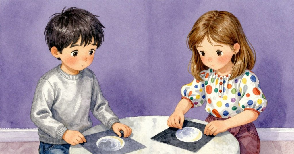 學生仔細檢視桌上深色紙張與月亮畫作，銀色漸變與細小裂痕清晰呈現探索細節