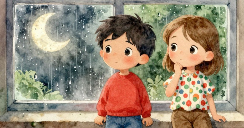 學生透過窗戶看見雨滴映出月亮與自己沉思神情，玻璃上細膩光影呈現室內外連結