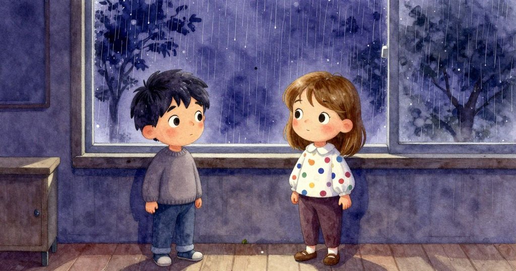 學生透過窗戶看向雨中朦朧風景，深紫與午夜藍融合成水彩般夢幻的戶外變化