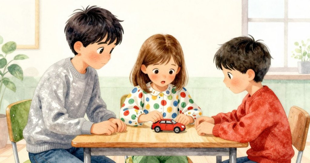 兩位學生在桌邊共同觀察小玩具車，彼此交流著對月亮畫作褪色的驚喜與好奇