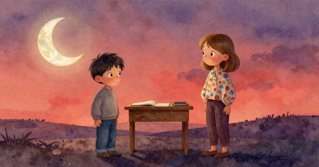 學生在落日餘暉中凝視桌上逐漸退去的月亮畫作，金色光線映照創作全程帶來平靜滿足感