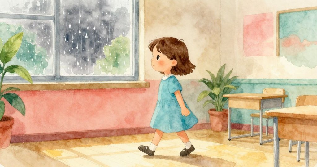 Bethan在雨天的教室中走動,桌子排列整齊,她正尋找隱藏的狐狸畫,室內氛圍靜謐而期待