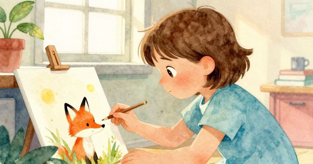 Bethan在角落中探視隱藏畫作,臉上充滿好奇,推出的椅子旁有罐子與畫作,溫暖光線映襯