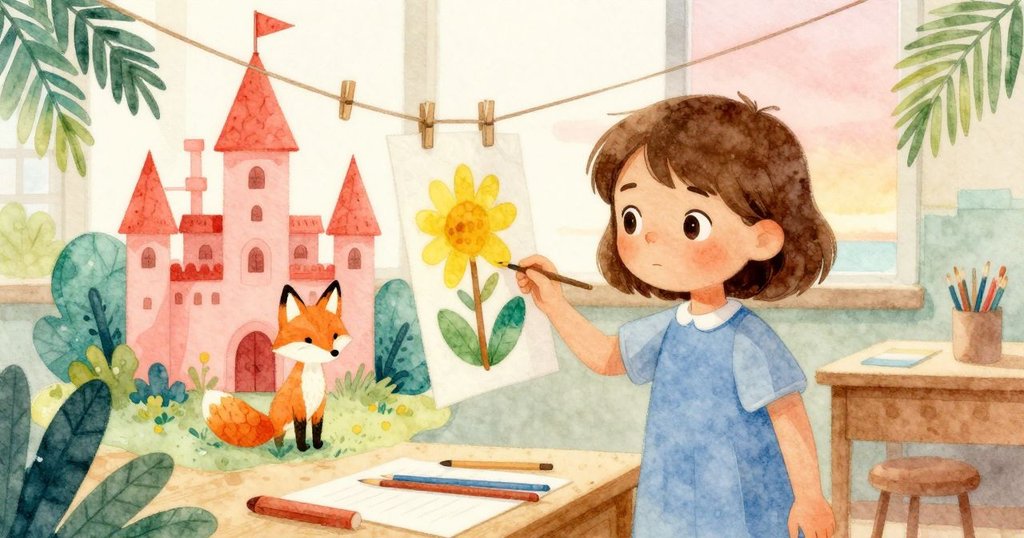 畫面一分為二,一邊展示狐狸畫乾燥中滴落的尾巴,一邊呈現紙宮,膠水固定的明亮塔樓,充滿藝術感