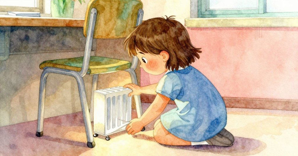 Bethan彎腰探索椅子下的秘密空間,畫作與罐子在微暖暖氣旁閃光,教室內景透露神秘感