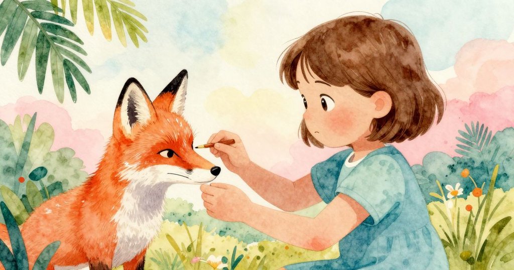 Bethan凝視逐漸變暗的狐狸畫,神情複雜而堅定,畫作細節清晰,光線溫暖中透露無奈