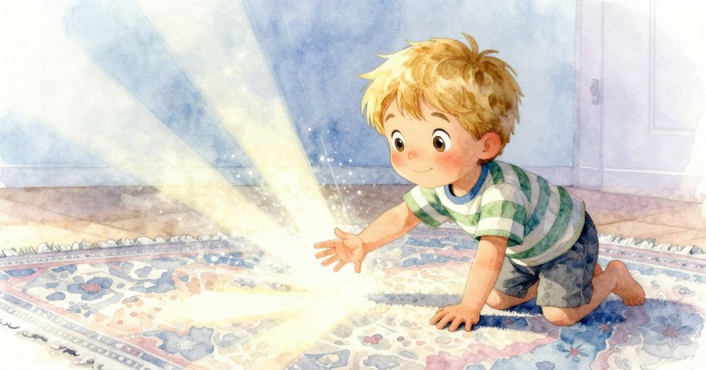 從低角度看見柯賓伸手追趕地毯上移動的陽光, 室內充滿晨光, 充滿探索與期待的瞬間