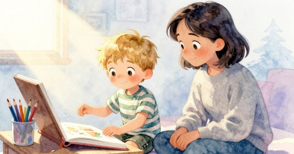 展示書架上彩色鉛筆輕敲杯緣, 展開繪本上有醫生圖像, 陽光中塵埃飛舞, 呈現早晨微妙而魔幻的一刻