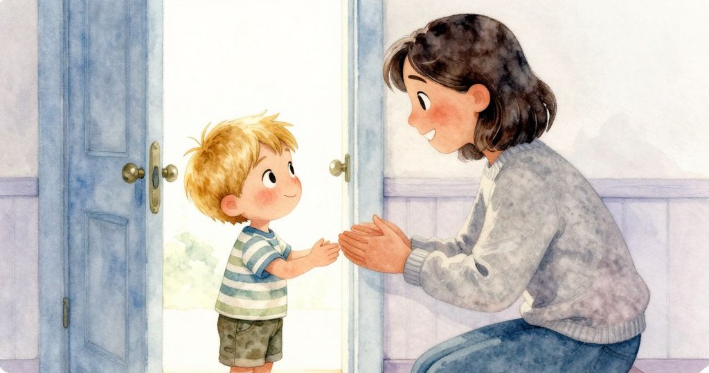 房內柯賓與照顧者在開門處溫馨互動, 雙方臉上流露出歡迎與親切, 室內柔和光線映照著新晨的美好