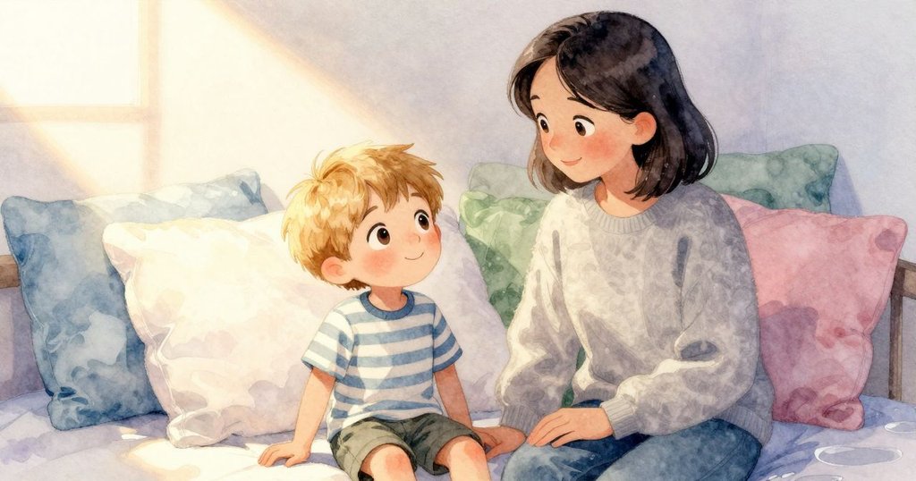 最終一幕展現陽光靜靜灑落在柔軟枕頭上, 陽光使布料色彩更深, 塵埃緩緩飄揚, 象徵新一天的希望與安寧