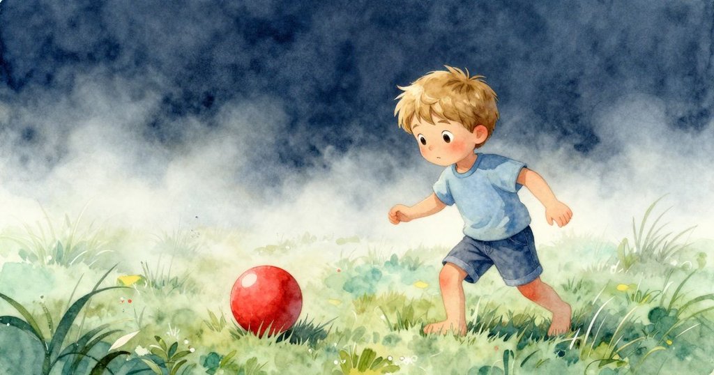 在清晨薄霧中，Kieran好奇地注視著在露水草地上滾動的紅球，情緒溫暖且充滿期待