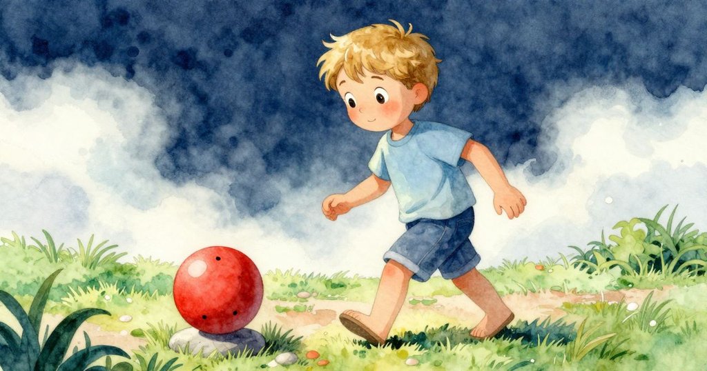 Kieran沿著草地邊走邊注視紅球撞擊石塊，步伐輕盈充滿探索精神，背景透出早晨的溫暖光芒