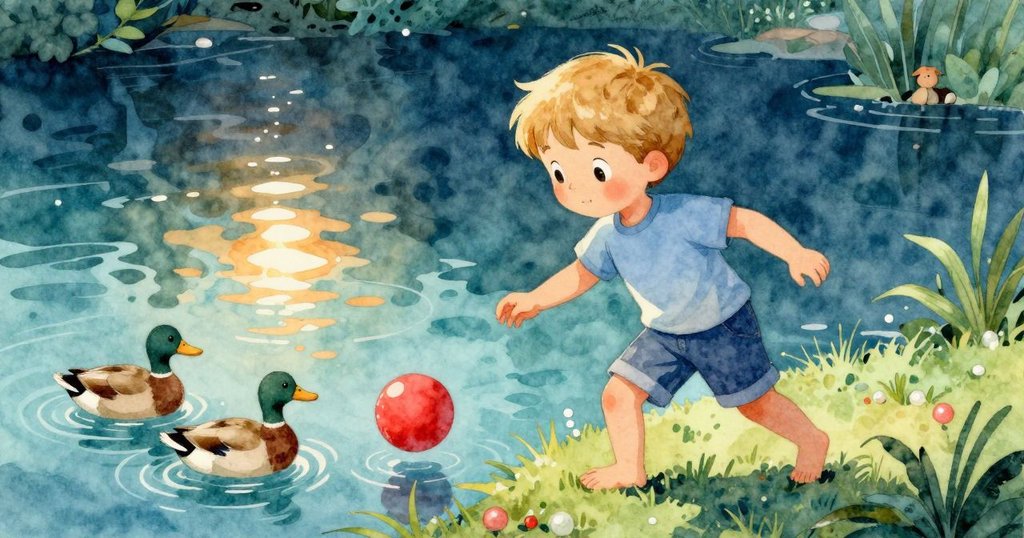 紅球向池塘方向滾去，水面反射出溫暖光芒，幾隻鴨子活躍，Kieran充滿期待地跟隨著冒險