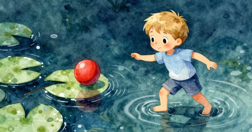 微風輕拂中，紅球漂向單獨的睡蓮葉，葉子輕輕傾斜，場景細膩充滿自然之美