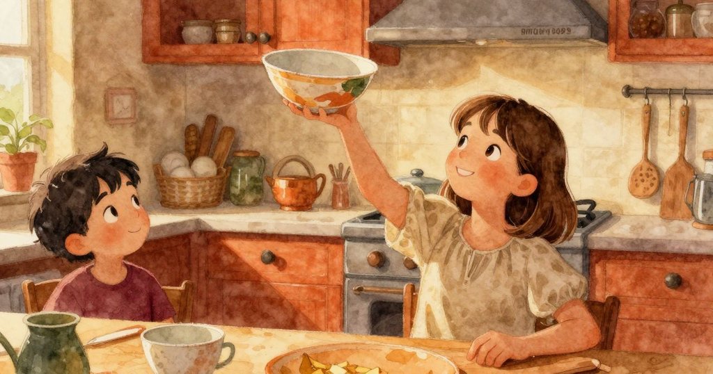 廚房中，成年女子伸手拿碗，溫暖燈光下，孩子觀察情景，溫馨忙碌的廚房全景